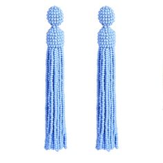 Beaded earrings in Oscar de La Renta style-Birthday Gift Elegant Light Blue Beaded Earrings For Party, Elegant Light Blue Beaded Dangle Earrings, Light Blue Beaded Dangle Earrings For Party, Elegant Light Blue Beaded Drop Earrings, Elegant Light Blue Beaded Earrings, Elegant Adjustable Tassel Earrings With Round Beads, Elegant Beaded Earrings With Tassels, Elegant Turquoise Tassel Earrings, Elegant Turquoise Tassel Earrings With Dangling Beads