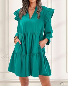 Elluis - Premium Quality Solid Color Long-Sleeved Casual Dress with Convenient Pocket Green Long-sleeved Dress With Pockets, Color Block Maxi Dress, Basic Skirt, Long Sleeve Casual Dress, Skirt Skirt, Mid Length Skirts, Lantern Sleeves, Types Of Skirts, Long Sleeve Casual