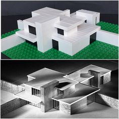 two photos side by side one has a house made out of legos