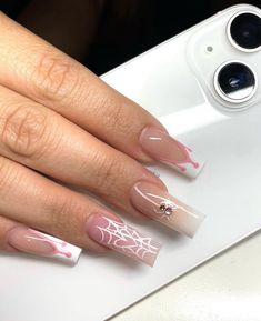 Spider Nails With Gems, Cherry Diamond Nails, Ghostface Cherry Nails, Cherry Skull Nails, Skull Cherry Nails, Halloween Acrylic Nails Spider Webs, Brown Acrylic Nails, Fake Nails Designs