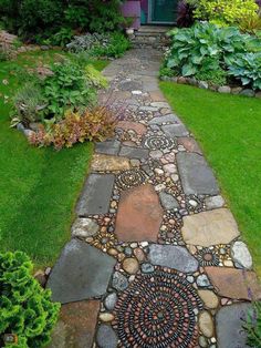 an image of a garden path made out of rocks and stones, with the words search on