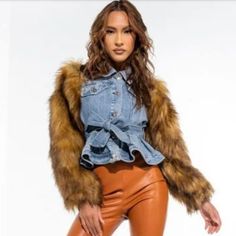 Cute Faux Fur Sleeve, Ruffled Waist W/ Belt Button Up Denim Jacket Denim Outerwear With Faux Fur Trim, Brown Button-up Denim Jacket For Fall, Trendy Denim Outerwear With Faux Fur Trim, Winter Denim Jacket With Faux Fur Trim, Fall Denim Outerwear With Faux Fur Trim, Denim Outerwear With Faux Fur Trim For Fall, Long Sleeve Denim Jacket With Faux Fur Lining, Denim Jacket With Faux Fur Lining And Long Sleeves, Fall Denim Jacket With Faux Fur Trim