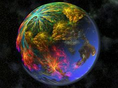 an image of the earth in space with many colors and lines on it's surface