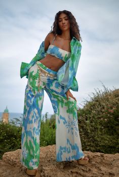 Hemant & Nandita Vida Bandeau Pallazo Pant, Jeans Long Skirt, Shades Of Blue And Green, Hemant And Nandita, Bandeau Crop Top, Long Linen Dress, Linen Scarves, Ikat Print, St Barth