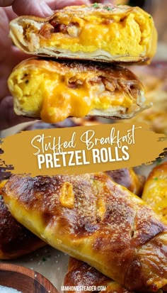 A stuffed breakfast pretzel roll cut in half and stacked showing the inside, and a pretzel roll that has not been cut into. Pretzel Breakfast Sandwich, Breakfast Rolls With Eggs, Pretzel Roll Sandwich Recipes, At Home Breakfast Ideas, Breakfast Pretzel, Stuffed Pretzel Rolls, Quesarito Recipe, Stuffed Rolls, Breakfast Roll