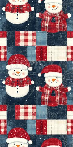 christmas fabric with snowmen in red and white plaids on blue, black background