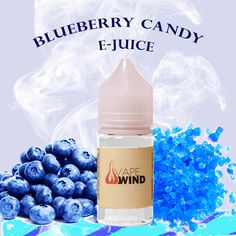 blueberry candy e - juice next to some blueberries on a purple and white background