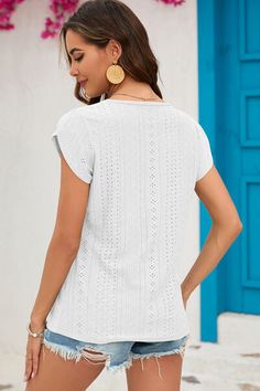 Features: Eyelet Sheer: Opaque Stretch: Slightly stretchy Material composition: 65% rayon, 30% polyester, 5% spandex Care instructions: Machine wash cold. Tumble dry low. Imported Product measurements:S:Top Length 25.98 in, Sleeve Length 3.54 in, Bust 36.61 inM:Top Length 26.38 in, Sleeve Length 3.54 in, Bust 38.58 inL:Top Length 26.77 in, Sleeve Length 3.54 in, Bust 40.55 inXL:Top Length 27.17 in, Sleeve Length 3.94 in, Bust 43.70 in2XL:Top Length 27.56 in, Sleeve Length 3.94 in, Bust 46.85 in Sweaters Knitwear, Ruffle Top, Comfortable Outfits, Stretchy Material, Latest Design, Jacket Dress, Care Instructions, Fashion Branding, Round Neck