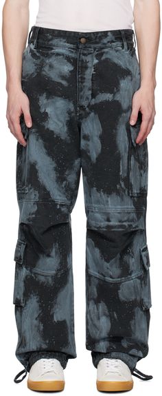 Wide-leg non-stretch denim jeans. Hand-dyed tie-dye pattern and paint splatter effect throughout. · Belt loops · Four-pocket styling · Button-fly · Tucks at knees · Drawstring at cuffs · Cargo pockets at outseams · Gusset at inseam · Logo flag at back waistband · Grosgrain straps at back Supplier color: Bluesh grey & black Paint Splatter Jeans, Cloth Pants, Tie Dye Men, Tie Dye Patterns, Paint Splatter, Jeans Brands, Black Pattern, Dark Denim, Wide Leg Jeans