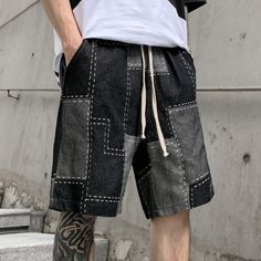 Stand out effortlessly with our elegant jean patchwork shorts. Elevate your city strolls and summer evenings with our new city shorts. This piece redefines modern urban fashion, merging vintage charm with advanced techwear aesthetics for the man who seeks to distinguish himself in the urban jungle. Imagine yourself donning these shorts, each patch showcasing visible seams that whisper tales of expert craftsmanship. This masterpiece is meticulously composed, creating a visual symphony of textures Summer Jean Shorts With Patch Pockets, Black Patchwork Bottoms For Summer, Urban Style Cotton Jean Shorts For Summer, Trendy Patchwork Shorts For Summer, Trendy Summer Shorts With Patchwork, Urban Style Summer Shorts, Urban Knee-length Summer Shorts, Urban Patchwork Bottoms For Spring, Casual Patchwork Shorts For Streetwear