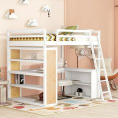 there is a bunk bed with a desk underneath it and shelves below the bottom shelf