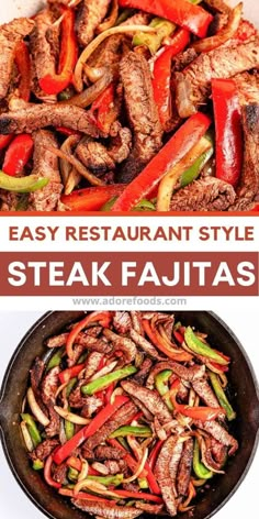 steak fajitas with peppers and onions in a skillet