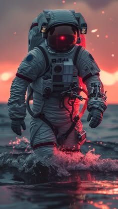 an astronaut walking through the water at sunset