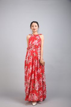 Chiffon Red Flower Long Party Dress Evening Wedding Lightweight Sundress Summer Holiday Beach Dress Bridesmaid Dress Maxi Skirt Detail Info: ❤ Color: Red flower as picture More color choice link: https://www.etsy.com/listing/213656440/chiffon-dress-color-card?ref=shop_home_feat_1 you just note the color you want with order, we will make according to your note. ❤ Material: Chiffon ❤ The dress doesn't limit the chest size and waist size, arm hole 45cm (if your upper arm circle circumference is mor Evening Floral Print Maxi Chiffon Dress, Floral Print Maxi Chiffon Evening Dress, Chiffon Maxi Dress For Prom, Summer Chiffon Maxi Dress For Prom, Party Chiffon Maxi Sundress, Evening Chiffon Dress With Floral Print, Elegant Georgette Maxi Dress For Spring, Floral Print Chiffon Maxi Dress For Prom, Spring Chiffon Maxi Dress For Prom