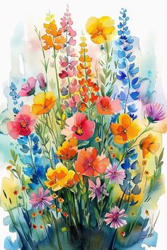 watercolor painting of colorful flowers in a vase on a white background with blue and yellow colors