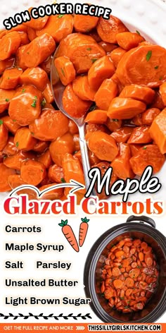 an advertisement for some kind of baked carrots on a plate with a spoon next to it