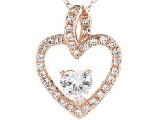 Bella Luce ® white diamond simulant 1.78ctw heart and round, Eterno ™ 18k rose gold over sterling silver heart pendant with chain. Measures approximately 0.81"L x 0.63"W and is not sizable. The diamond equivalent weight is 1.06ctw. Rose Gold Heart Cut Cubic Zirconia Necklace, Pendant Cubic Zirconia Rose Gold Necklace, Rose Gold Heart Cut Diamond Jewelry, Rose Gold Pendant Heart Necklace, Rose Gold Heart Cut Jewelry With Prong Setting, Rose Gold Heart Necklace With Diamond Accents, Rose Gold Heart Cut Fine Jewelry Necklace, Rose Gold Heart Pendant Jewelry In Cubic Zirconia, Rose Gold Cubic Zirconia Heart Pendant Jewelry