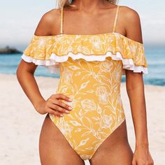 Cupshe Journey Floral Ruffle One Piece Swimsuit. Size M, Nwt Suit Astetic, Chic Yellow Swimwear For Pool, Chic Yellow Swimwear For The Pool, Chic Yellow Beach Bodysuit, Chic Yellow Bodysuit For Beach, Spring Beach Party Ruffled One Pieces, Chic Yellow Bodysuit For The Beach, Chic Yellow Swimwear For Summer, Yellow Bodysuit For Pool And Beach Season