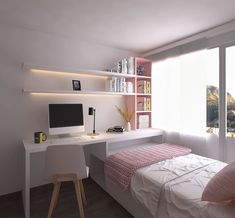 a bedroom with a bed, desk and bookshelf next to a large window