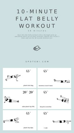 the 10 - minute flat belly workout is shown in black and white, with instructions to use