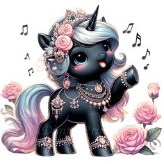 a black pony with flowers and music notes