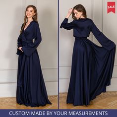 "👉 This faux wrap cocktail dress is made of silky satin. You don't need to tie the dress, it has an elastic waist. Has separate elastic sash. 👉 All dresses are custom and I make the dress by your measurements, that's why it is very important to leave all measurements in the box \"personalization\". Please, see in my instruction \"How to measure\". If you have any questions about measurements, do not hesitate to ask about it, I will gladly help. 👉 You need to choose approximate size according to your bust measurements and then leave all needed measurements in box \"Personalization\". The sizes: XS, S, M, L, XL, 2XL, 3XL, 4XL, 5XL (see the Size Guide in the photo of this listing).  👉 The standard length of this dress from the waist is 45 inches (115 cm). You can change dress length, slee Flowy Wrap Evening Dress, Flowy Wrap Party Dress, Fitted Satin Finish Maxi Dress For Bridesmaids, Flowy Maxi Length Wrap Dress For Party, Flowy Maxi Wrap Dress For Party, Flowy Faux Wrap Evening Dress, Evening Flowy Faux Wrap Dress, Elegant Flowy Wrap Maxi Dress, Flowy Wrap Dress For Wedding