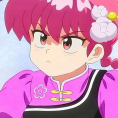 an anime character with pink hair wearing a purple outfit