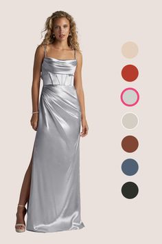 a woman in a silver dress with different colors