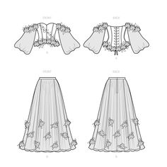 the front and back views of a skirt with flowers on it, as well as an apron