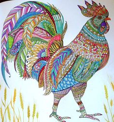 a drawing of a colorful rooster standing in the grass