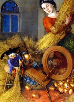 a painting of a woman spinning hay on a spinning wheel