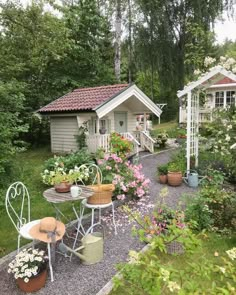 an outdoor garden with potted plants and flowers on the ground, next to a shed