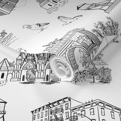 a wallpaper with black and white drawings on it's surface, including buildings