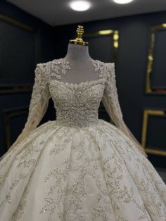 Regal Splendor Bridal Gown: Exquisite Embroidery and Sheer Sleeves Full Sleeve Wedding Dress, Regal Wedding Dress, High Collar Wedding Dress, Long Sleeve Ball Gown Wedding Dress, Christian Wedding Gowns, Crystal Wedding Dresses, Matching Embroidery, Embellished Wedding Dress, Celebrity Bride