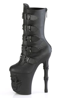 Become yer own reaper in the RAPTURE-1052BK boots! These boots feature a black matte upper that secures with 5 studded buckles and a rear zip. The platforms are the real showstopper, featuring a grinning skull and fingerbone heel in a matte black finish. An absolute must for deadly dancing! The RAPTURE series features an 8" (200mm) heel and a 4" (100mm) platform. Material: 100% vegan PU. US women's sizing-refer to size chart for more info. Gothic Faux Leather Boots For Alternative Fashion, Gothic Faux Leather Moto Boots For Alternative Fashion, Gothic Faux Leather Platform Boots For Alternative Fashion, Gothic Faux Leather Boots For Halloween, Gothic Faux Leather Halloween Boots, Gothic Combat Boots For Halloween, Gothic High Heel Platform Boots, Gothic Leather Platform Boots For Halloween, Black Gothic Platform Boots With Buckle Closure