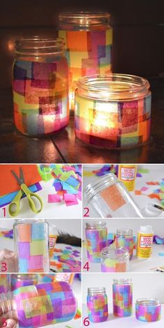 there are many different images of colored paper in jars with scissors and tape on the table