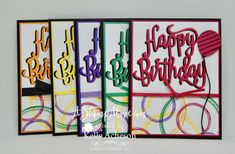 three birthday cards with the words happy birthday in different colors and shapes, on a white background