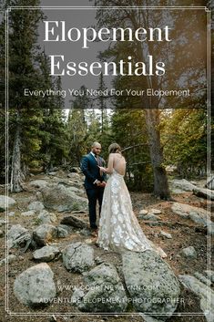 a bride and groom standing on rocks in the woods with text overlaying them