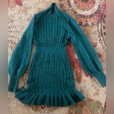 Never Worn- Perfect Condition Green Ruffled Mini Dress For Fall, Green Sweater Dress For Fall Party, Fitted Green Sweater Dress For Fall, Chic Green Sweater Dress For Fall, Emerald Green Sweater Dress, Emerald Green Sweater, Green Sweater Dress, Green Sweater, Emerald Green