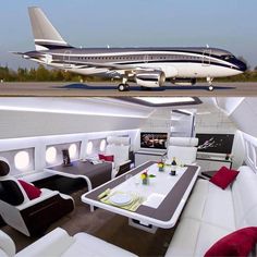 the interior of an airplane is shown in two different pictures, one with a dining table and couches