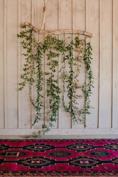 vines are growing up the side of a white wall with a red rug underneath it