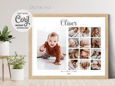 a baby's first year photo is displayed in front of a wooden frame with the word