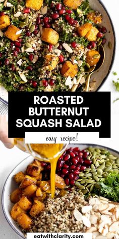 roasted butternut squash salad with cranberries, pumpkins and seeds in a bowl