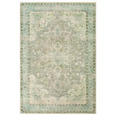 an area rug with green and beige colors