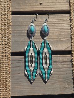 Add a little Western Flare to your look with these simple yet classy beaded earrings set on faux turquoise studs. Earrings Patterns, Earrings Ideas, Bead Projects, White Cow, Earring Ideas, Brick Stitch, Bead Designs, Cow Print, Earrings Set