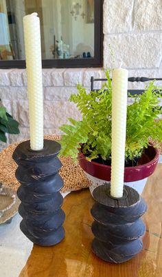 two candles sitting on top of each other next to a pot with plants in it