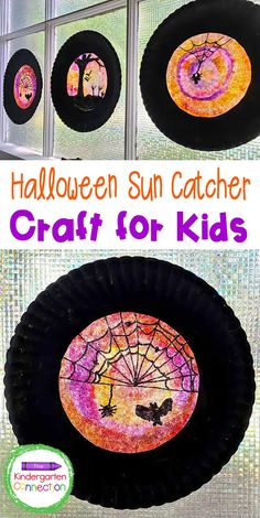 some paper plates are decorated to look like they have spider webs on them and the words spooky suncathers halloween craft