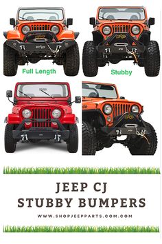 four jeeps are shown with the words jeep cj and stup bumpers