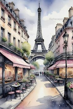 a painting of the eiffel tower in paris with tables and chairs around it