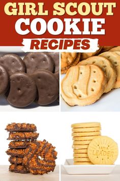 some cookies and other desserts on a white plate with the words girl scout cookie recipes